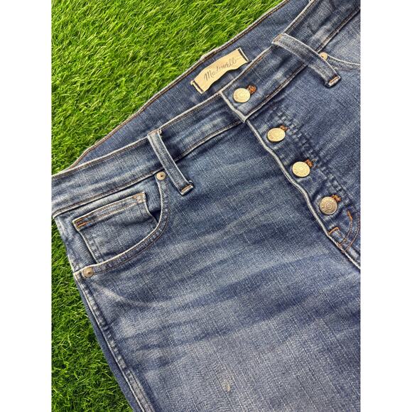 Madewell Womens Slim Straight Jeans Button Fly Lt Blue Wash Sz 32 Distressed Hem - Picture 4 of 15